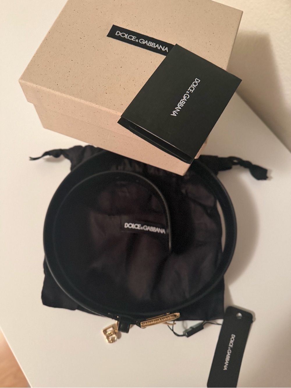Dolce & Gabbana Black Leather Belt with Gold DG Charm